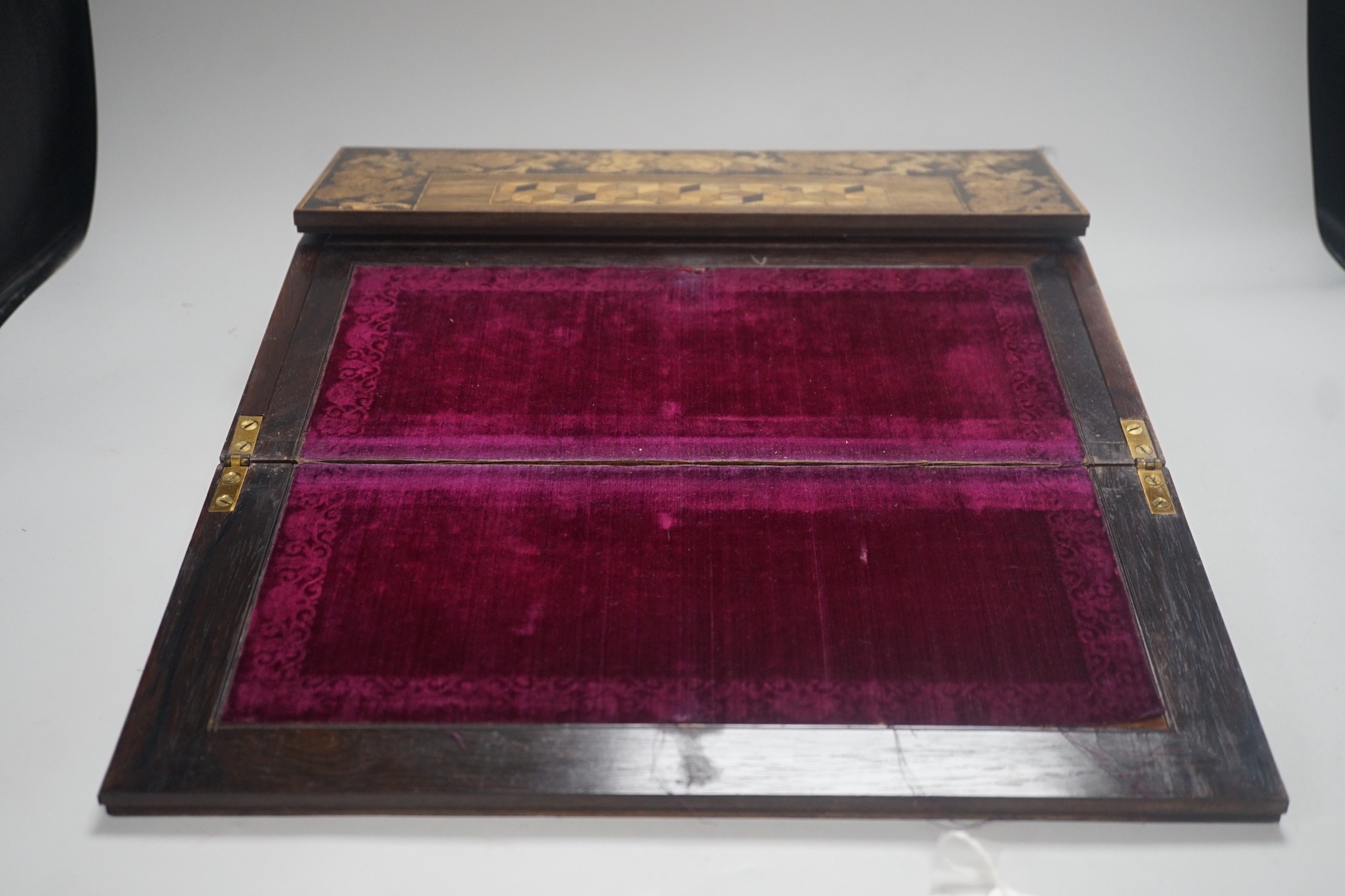 A Victorian Tunbridge ware rosewood writing slope, decorated with a tesserae mosaic view of Hever Castle, 39cm wide, with mosaic inlaid interior and covers to the glass inkwells.